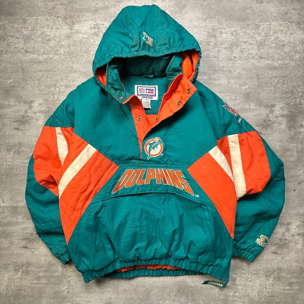 Starter Miami Dolphins Jacket XL Teal Orange Vintage NFL Pro Line Puffer Pouch